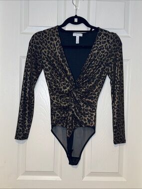 Leith Gold and Black Leopard Twist-Front Long-Sleeve Bodysuit